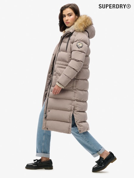 Deep Beige Slub - Superdry Everest Faux Fur Longline Jacket (741017) | ‏805‏₪