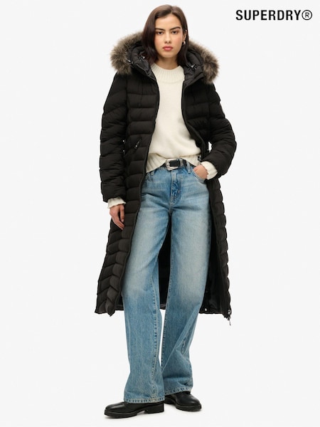 Superdry Black Fuji Faux Fur Hooded Longline Coat (741045) | €182