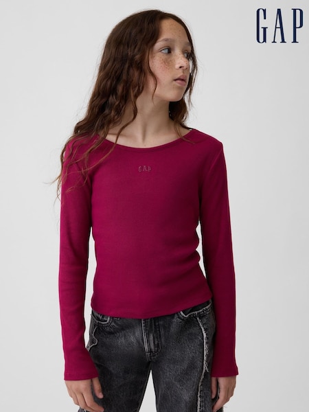 Burgunderrot - Gap Mini Logo Long Sleeve T-shirt (4-13yrs)