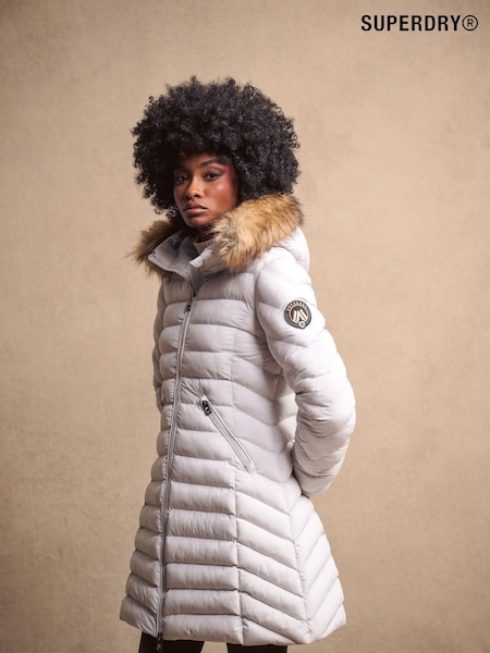 Superdry Moonlight Grey Fuji Faux Fur Hood Padded Mid Length Jacket (741685) | €167