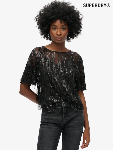 Superdry Black Sheer Short Sleeve Sequin Top (741701) | €59