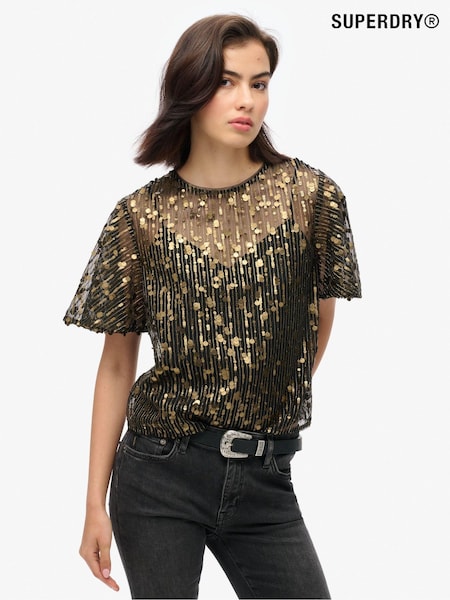 Superdry Gold Sheer Short Sleeve Sequin Top (741854) | € 49