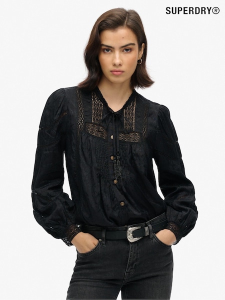 Superdry Black 100% Cotton Woven Lace Long Sleeve Blouse (742154) | ₪251