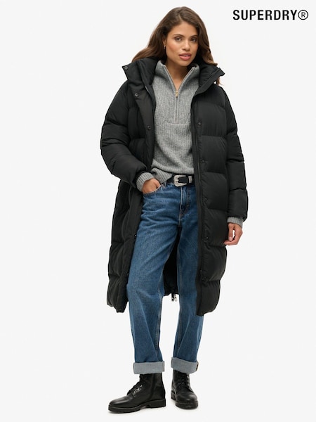 Superdry Black Longline Hooded Puffer Coats (742182) | ₪754