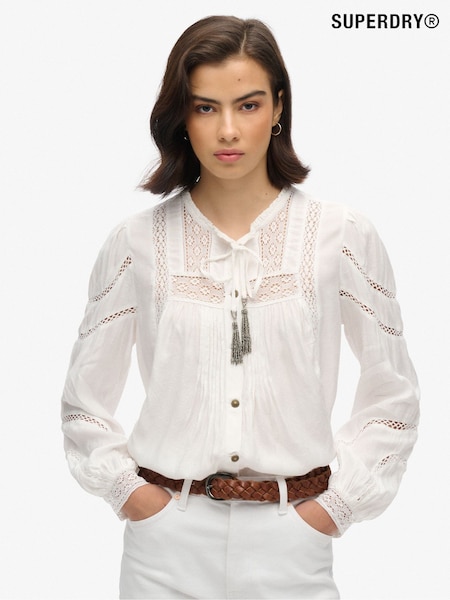 Superdry Off White 100% Cotton Woven Lace Long Sleeve Blouse (742198) | ₪251