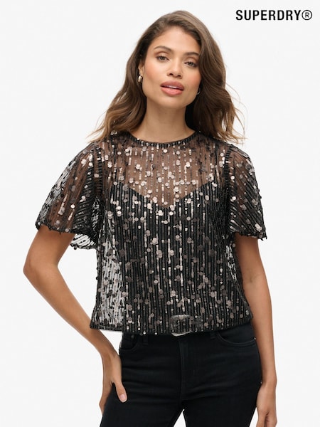 Superdry Grey Grit Sheer Short Sleeve Sequin Top (742312) | €83
