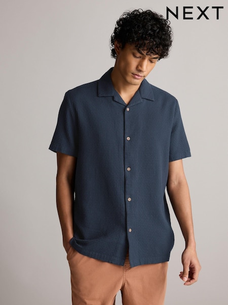 Navy Blue 100% Cotton Textured Waffle Short Sleeve Shirt (743231) | €34