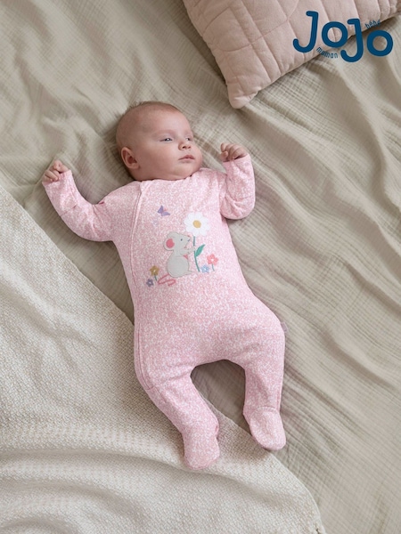JoJo Maman Bébé Pink Mouse Appliqué Zip Cotton Baby Sleepsuit (743707) | €35