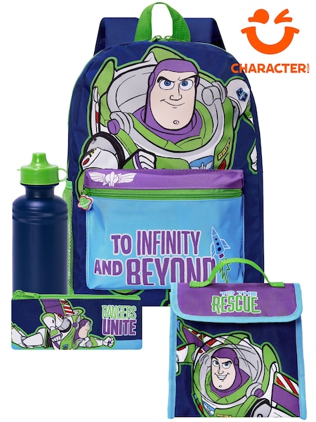 Azul - Conjunto de 4 piezas con mochila, bolsa para el almuerzo, botella de agua y estuche para lápices Disney Toy Story Buzz Lightyear de Character
