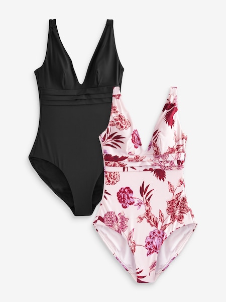 Black/Ecru Floral 2 Pack Wired Plunge Tummy Control Swimsuit (744005) | AED59