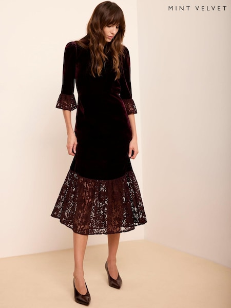 Rot - Mint Velvet Velvet Lace Trim Midi Dress