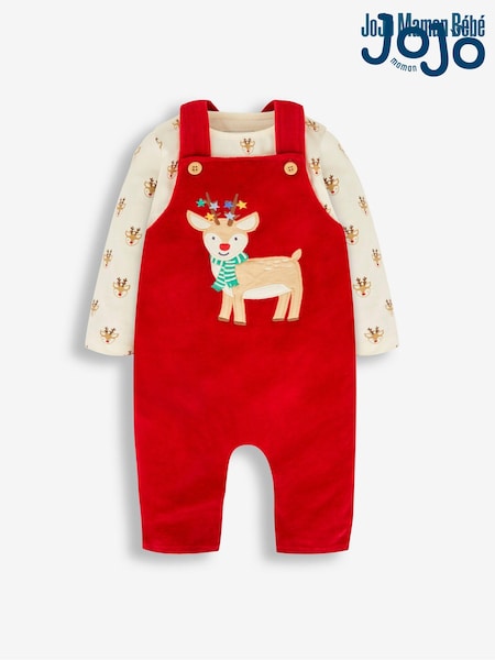 JoJo Maman Bébé Red Reindeer 2-Piece Velour Appliqué Dungaree & Top Set (746589) | €48