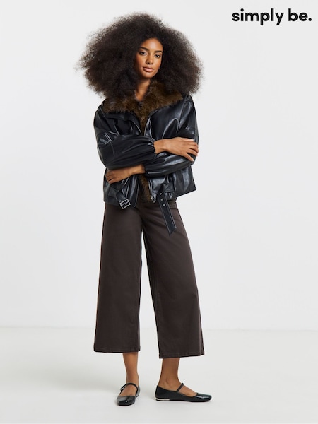 Black - Simply Be Fur Collar Quilt Lined Faux Leather Jacket