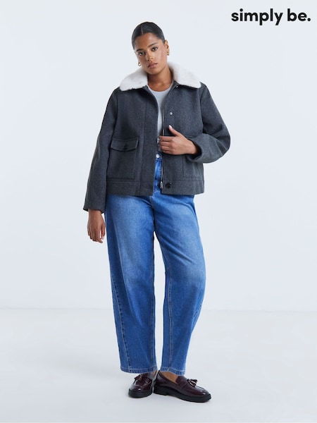 Grey - Simply Be Fur Collar Short Jacket