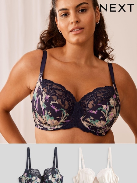 Navy Blue Floral Print/Cream DD+ Non Pad Wired Full Cup Microfibre and Lace Bras 2 Pack (748332) | €22.50
