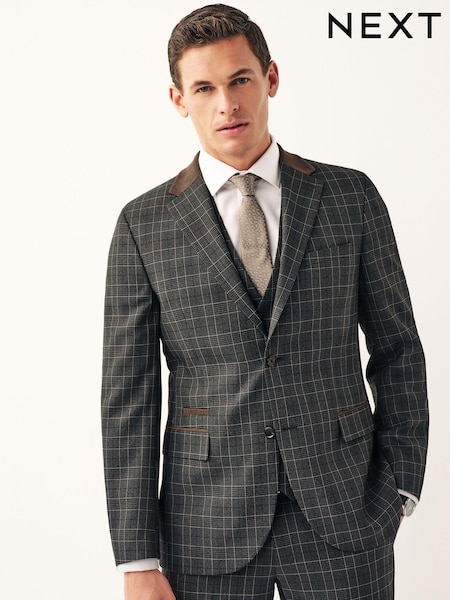 Charcoal Grey Tailored Fit Trimmed Check Suit Jacket (749312) | €95