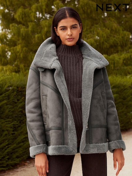 Grey Faux Suede Longline Aviator Jacket (750106) | €58