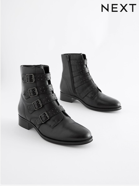 Black Regular/Wide Fit Forever Comfort® Stud Detail Buckle Biker Boots (750208) | €15
