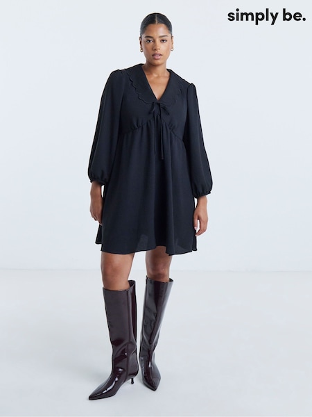 Black - Simply Be Linen Herringbone Collared Skater Dress