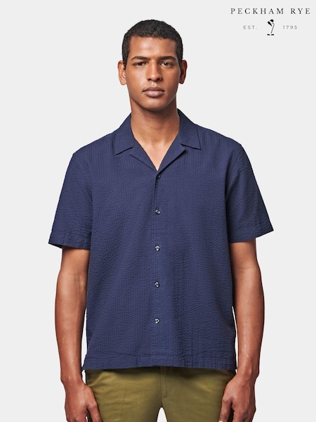 Peckham Rye Blue Revere Collar Seersucker Short Sleeve Shirt (750595) | €46