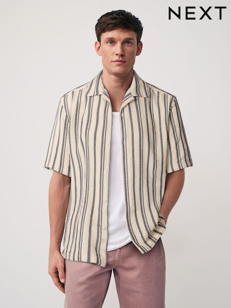 Cream/Blau - Textured Stripe Short Sleeve Shirt (751302) | 31 €