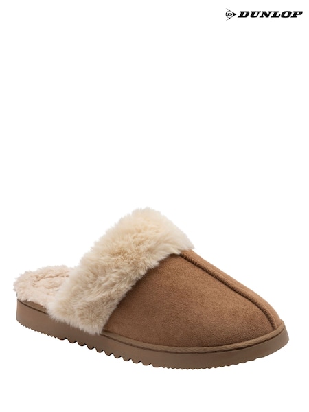 Tan Brown - Dunlop Fur Trim Mule Slippers
