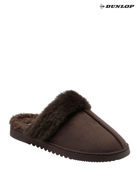 Brown - Dunlop Fur Trim Mule Slippers