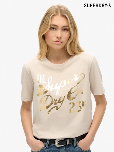 Superdry Off Grey 100% Cotton Luxe Metallic Logo Relaxed T-Shirt (754084) | R$ 295