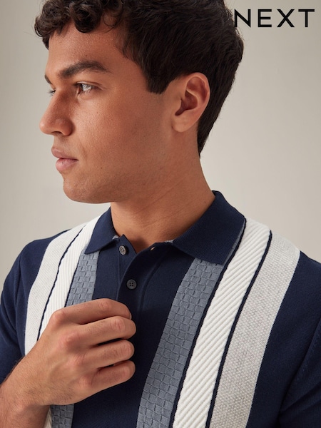 Navy Blue Regular Fit Knitted Stripe Cotton Textured 100% Cotton Polo Shirt (754206) | € 9