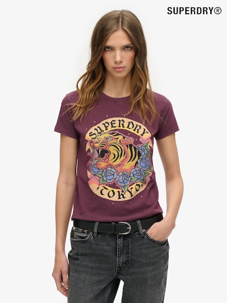 Superdry Fig Purple 100% Cotton Tattoo Rhinestone Fitted T-Shirt (754468) | €51