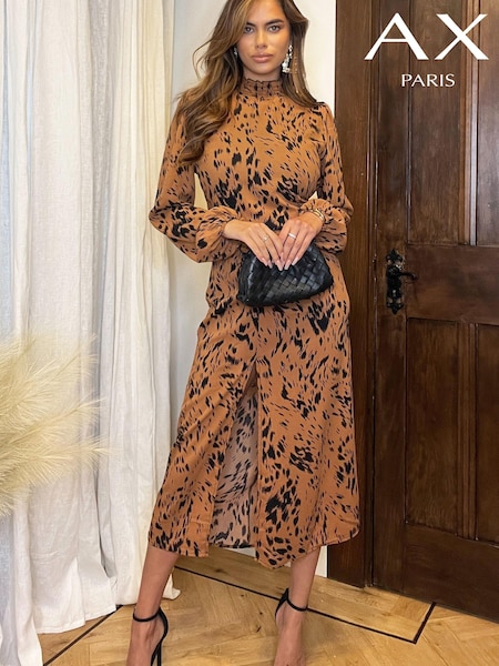 AX Paris Natural Camel Print High Neck Split Skirt Midi Dress (754975) | €31.50
