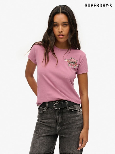 Violet orhidee întunecat - Tricou cambrat din bumbac cu strasuri și tatuaj Superdry 100% (755087) | 298 LEI