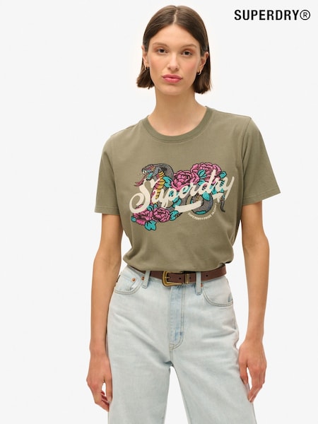 Superdry Dusty Olive Green 100% Cotton Tattoo Script Relaxed T-Shirt (755188) | €30