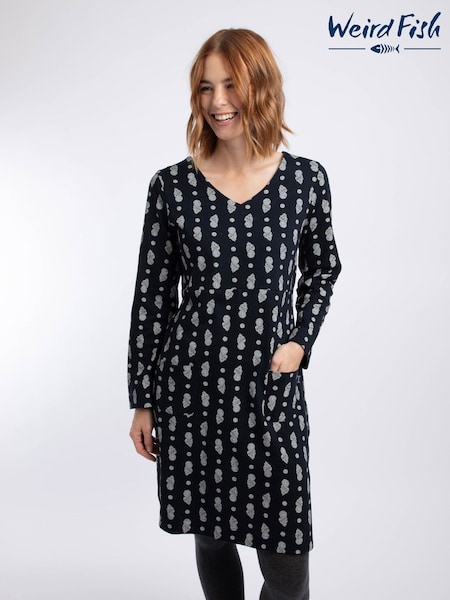 Blue - Weird Fish Hope Cotton Printed V-neck Jersey Dress