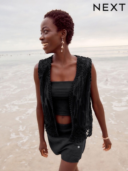 Black Sleeveless Crochet Waistcoat Jacket (755809) | €20
