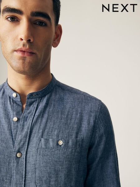 Blue Grandad Collar Linen Blend Long Sleeve Shirt (758355) | €12