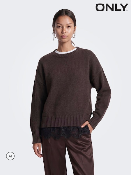 Brown - Only Lace Mix Round Neck Pullover Jumper