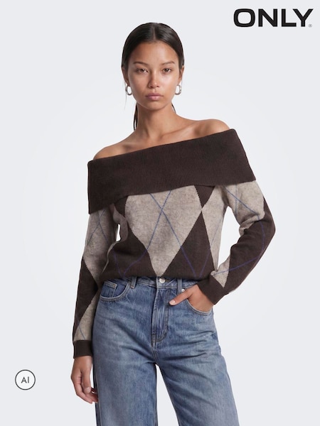 Hnědá - Only Off Shoulder Knitted Pullover Jumper
