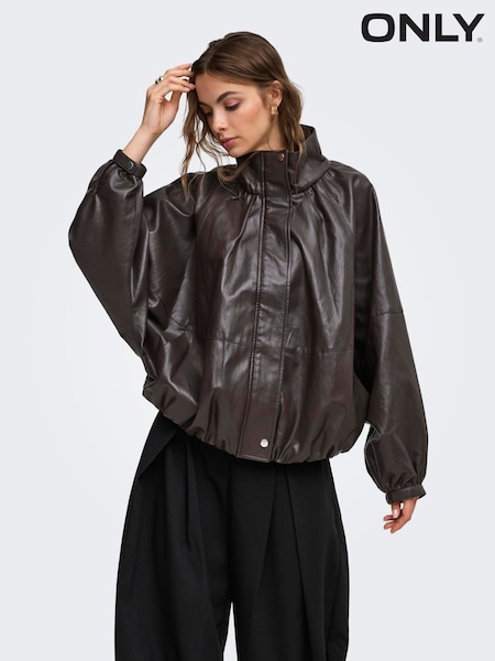 Brown - Only Faux Leather Balloon Jacket