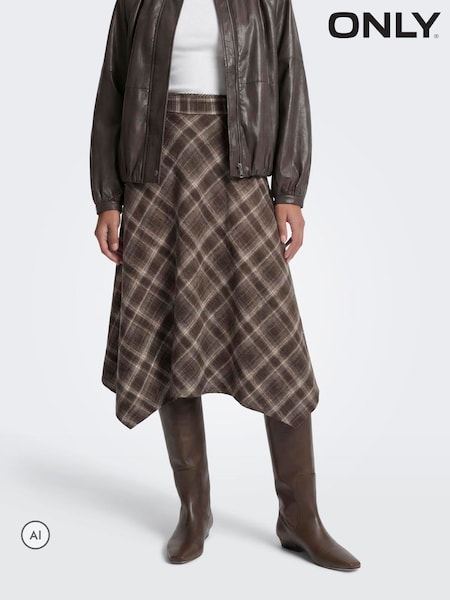 Brun - Only Long Asymmetric Check Skirt