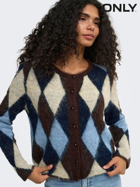 Brown - Only Argyle Button Front Round Neck Cardigan