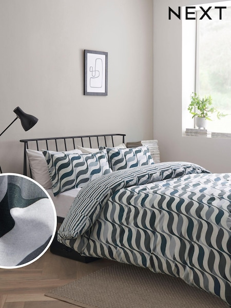 Blue Geometric Wave 100% Cotton Reversible Duvet Cover and Pillowcase Set (758966) | 44 QAR - 117 QAR