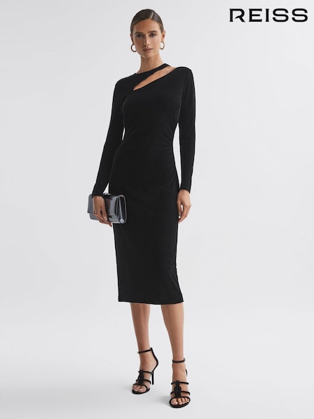 Reiss Black Macey Velvet Cut-Out Midi Dress (759172) | €215