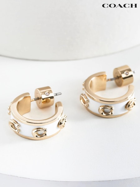 COACH Gold Tone Signature Enamel Hoops Earrings (759955) | ₪377