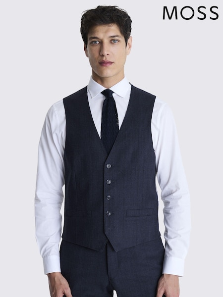 MOSS Navy Blue Tailored Fit Milled Check Suit Waistcoat (760767) | 272 QAR