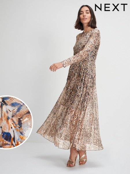 Navy Long Sleeve Foil Printed Occasion Midi Dress (761382) | €47.50