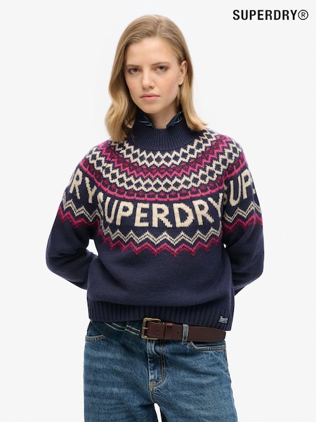Superdry Island Navy Multi Fairisle Pattern Branded Jumper (761432) | ₪302