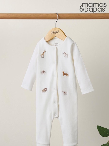 Mamas & Papas Cream Safari Embroidered 100% Cotton Romper (761703) | 171 LEI