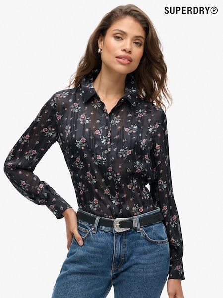 Superdry Black Sheer Floral Print Printed Blouse (761801) | ₪251