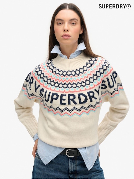 Superdry Island Ecru Multi Fairisle Pattern Branded Jumper (761904) | ₪302